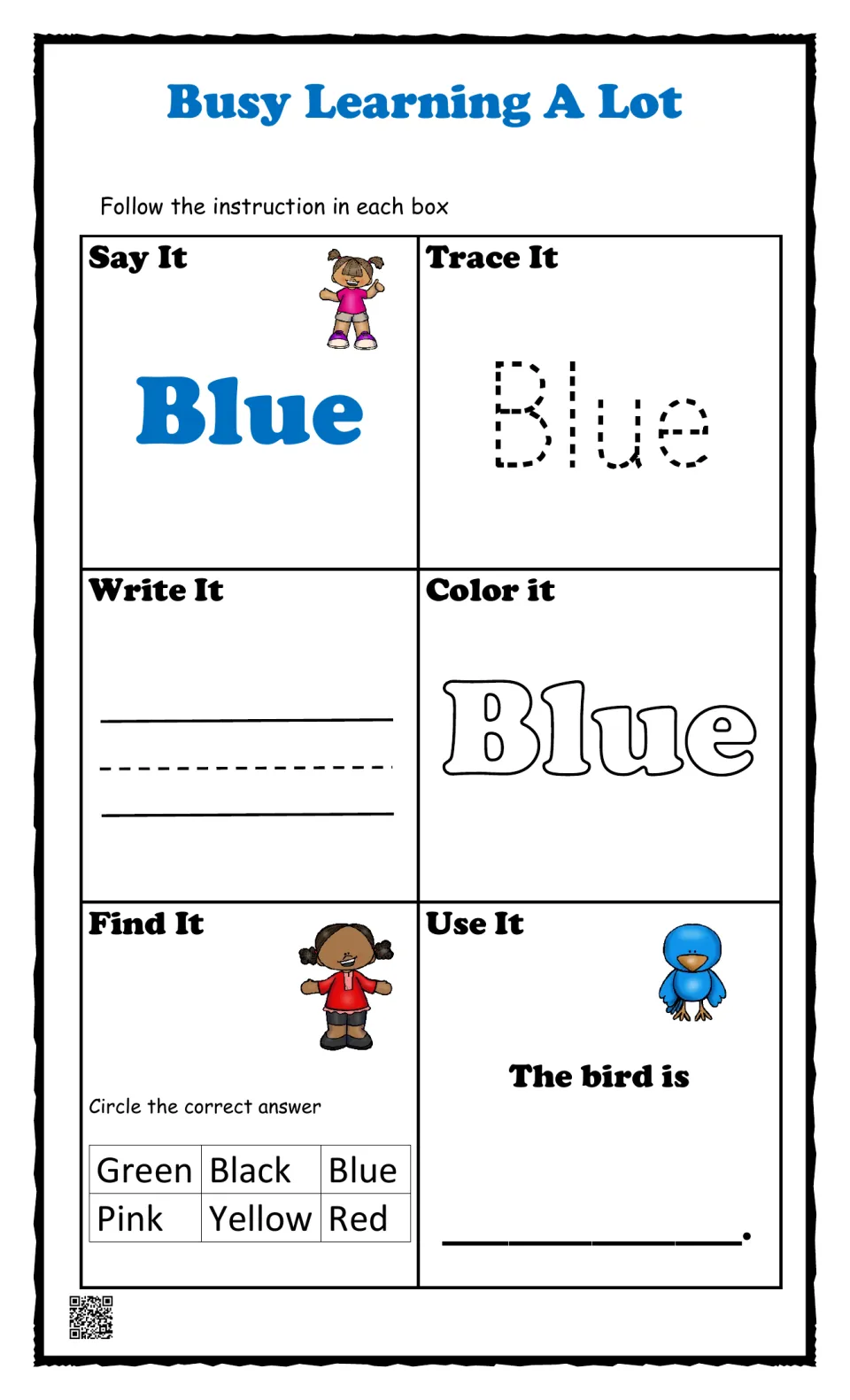 Color word blue: students say, trace, write and color the word, circle Blue among six colors and finish The bird is ___