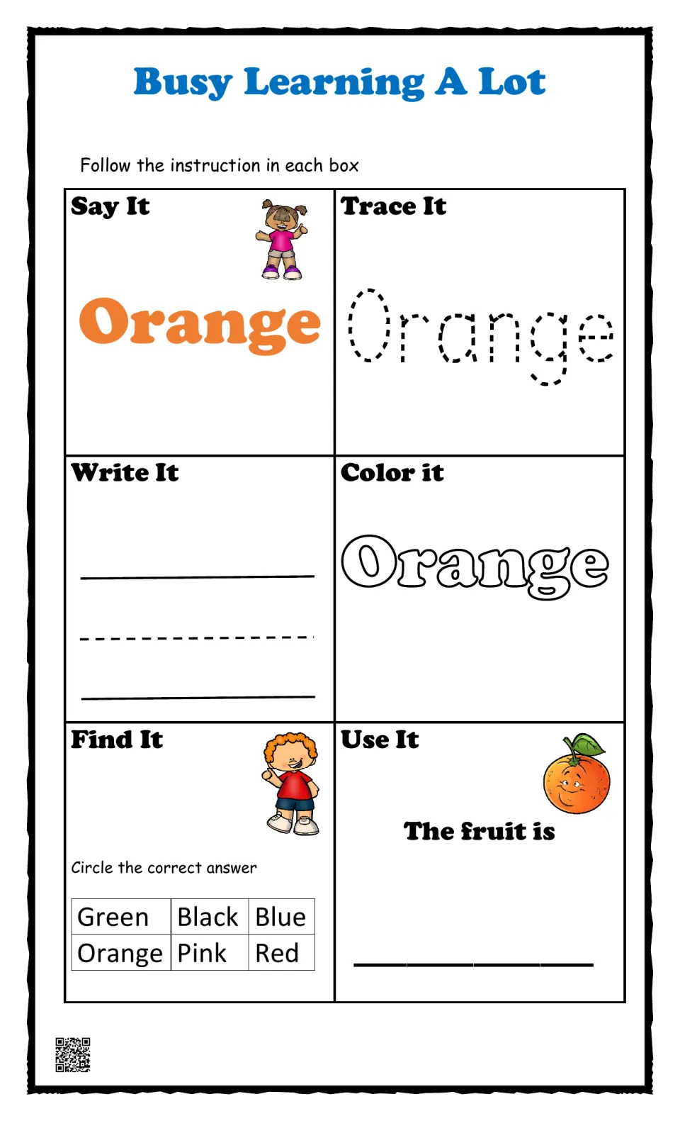 Color word orange: students say, trace, write and color the word, circle Orange in a word list and finish The fruit is ___