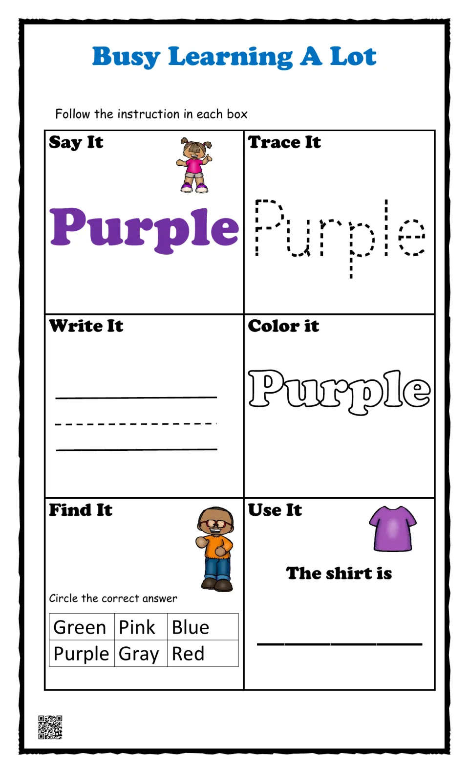 Color word purple: students say, trace, write and color the word, circle Purple among six colors and finish The shirt is ___