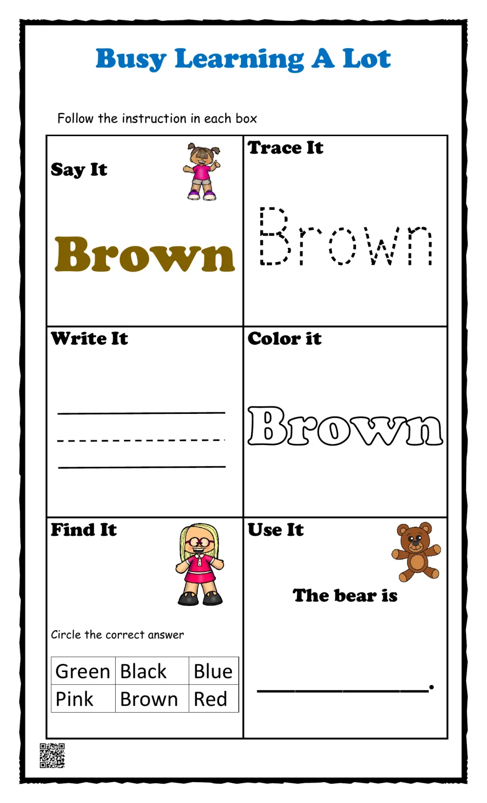 Color word brown: students say, trace, write and color the word, circle Brown among six colors and finish The bear is ___