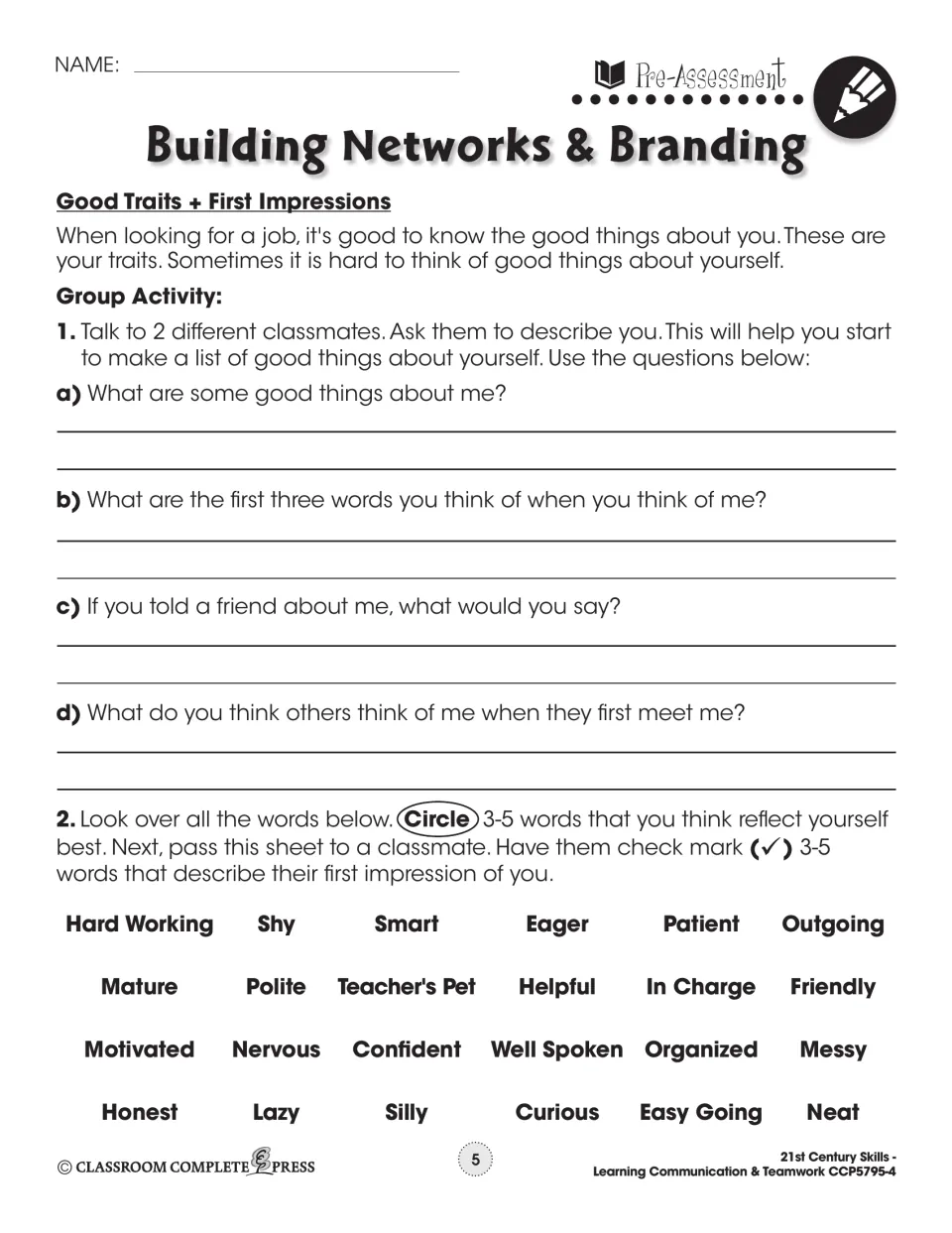 Pre-assessment 'Good Traits + First Impressions': classmates describe you; circle 3–5 trait words such as Honest