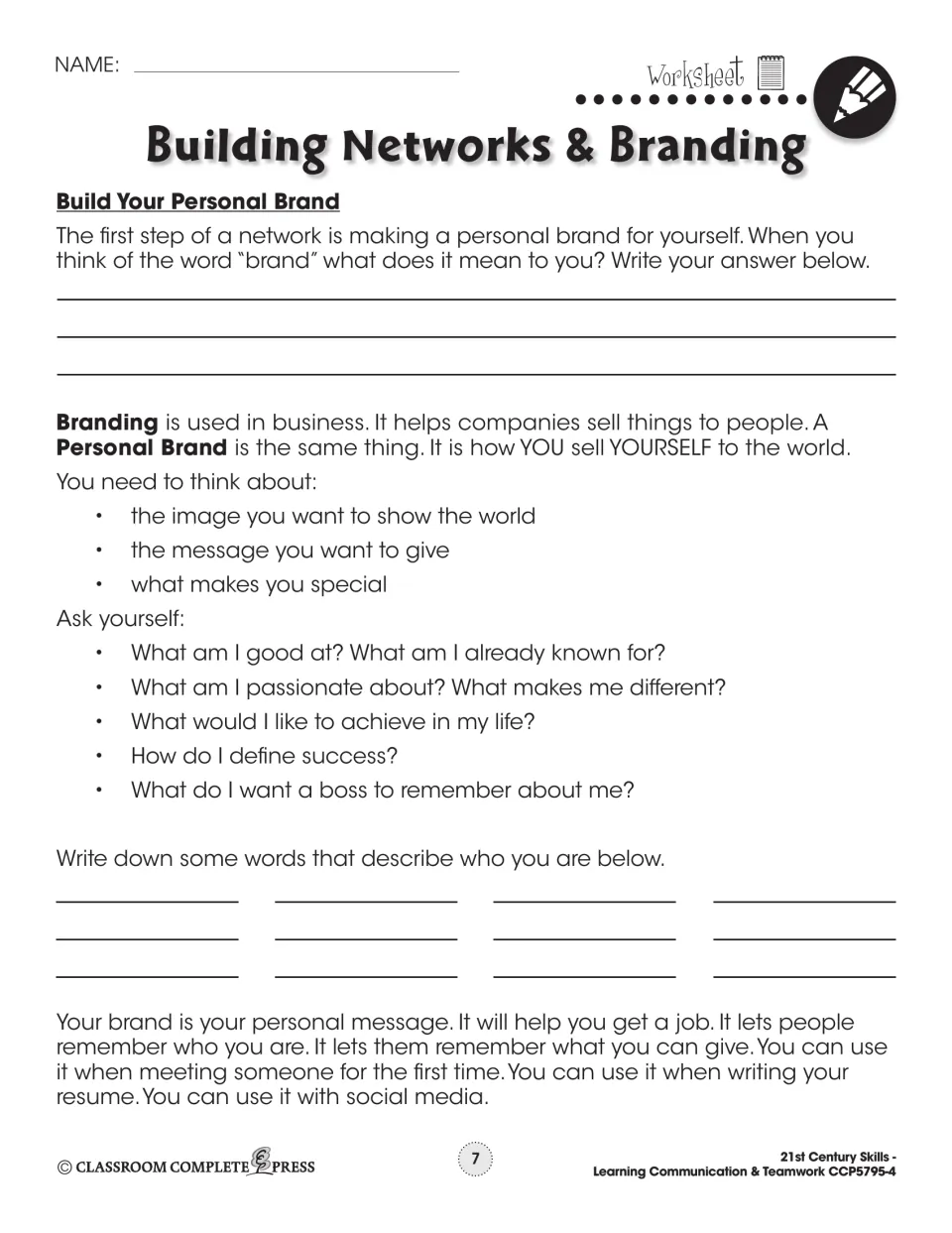 Worksheet 'Build Your Personal Brand': what brand means, questions to ask yourself, and words that describe you