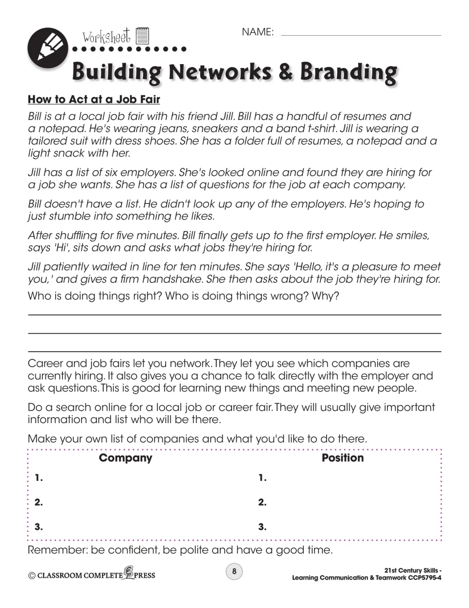 Worksheet 'How to Act at a Job Fair': compare how Bill and Jill prepare, then list companies and positions