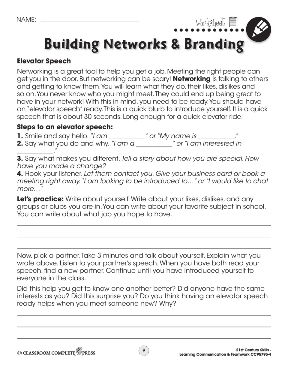 Worksheet 'Elevator Speech': four steps to a 30-second self-introduction, then practice with partners and reflect