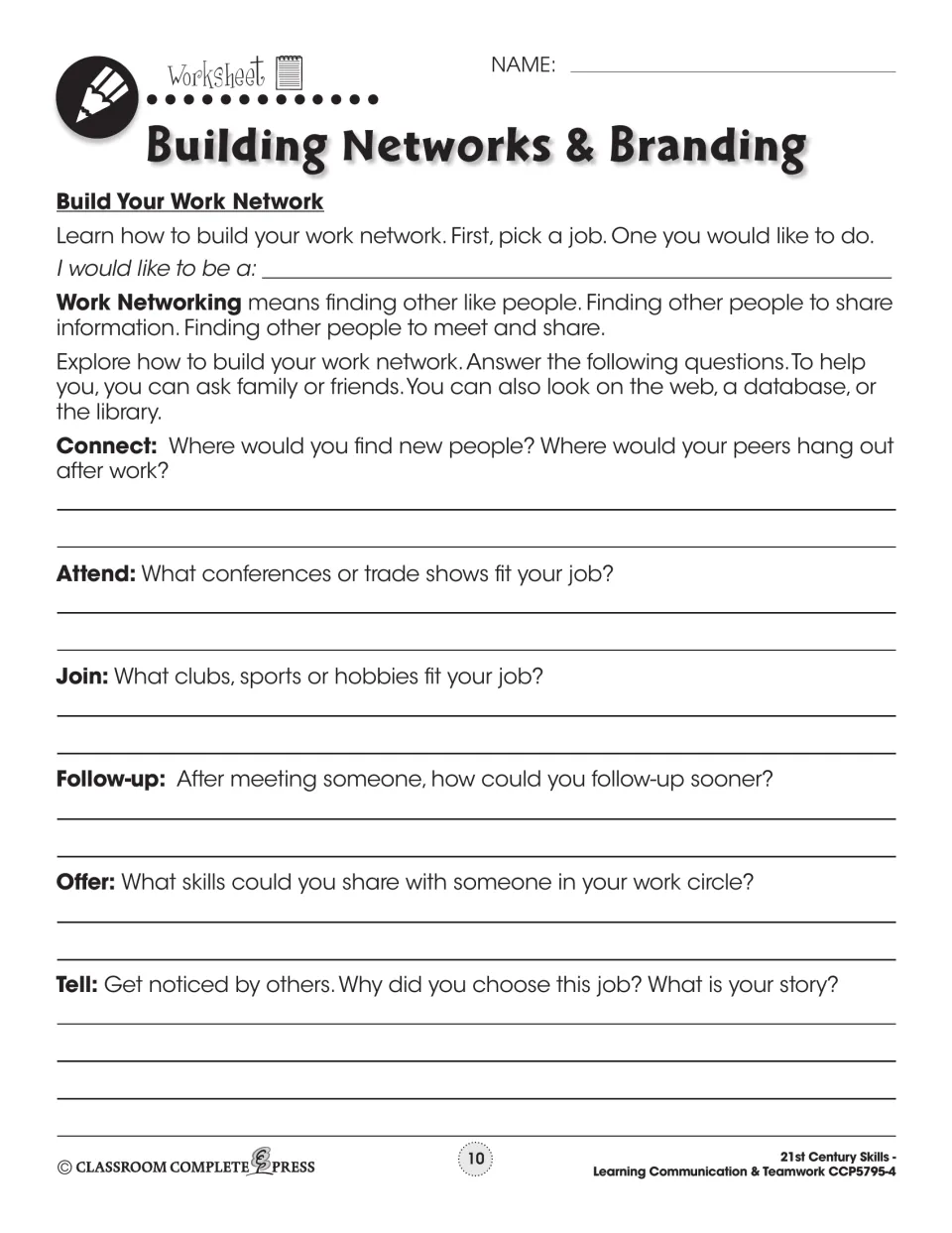 Worksheet 'Build Your Work Network': pick a job, then answer Connect, Attend, Join, Follow-up, Offer and Tell