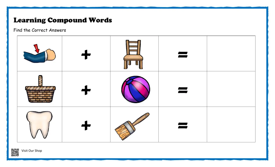 Compound word picture sums: students join arm + chair, basket + ball and tooth + brush to find each answer