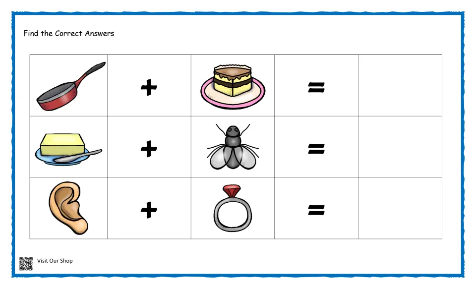 Compound word picture sums: students combine pan + cake, butter + fly and ear + ring and fill in each blank answer