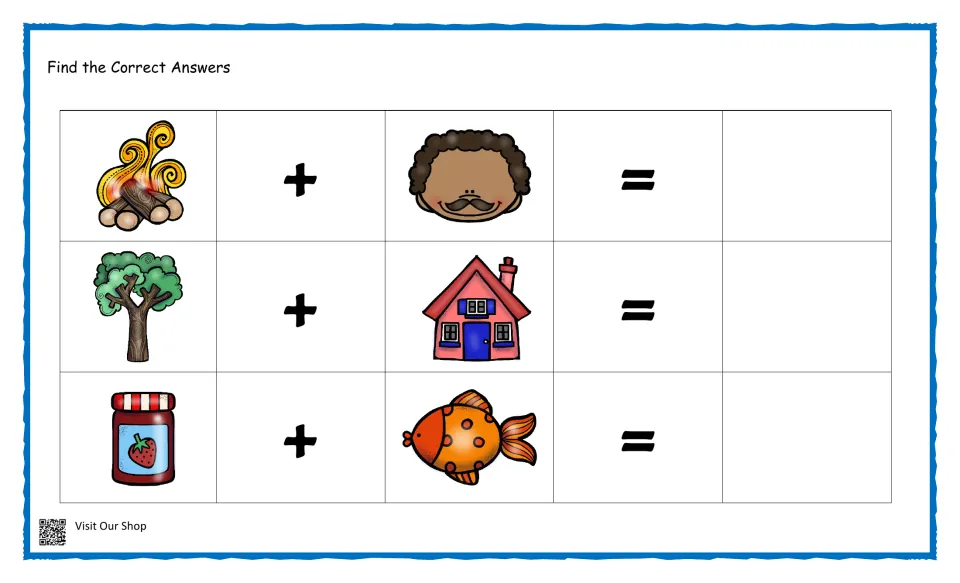 Compound word picture sums: students put together fire + man, tree + house and jelly + fish to name each new word