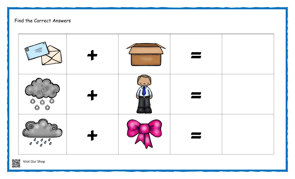 Compound word picture sums: students join mail + box, snow + man and rain + bow, then record each answer