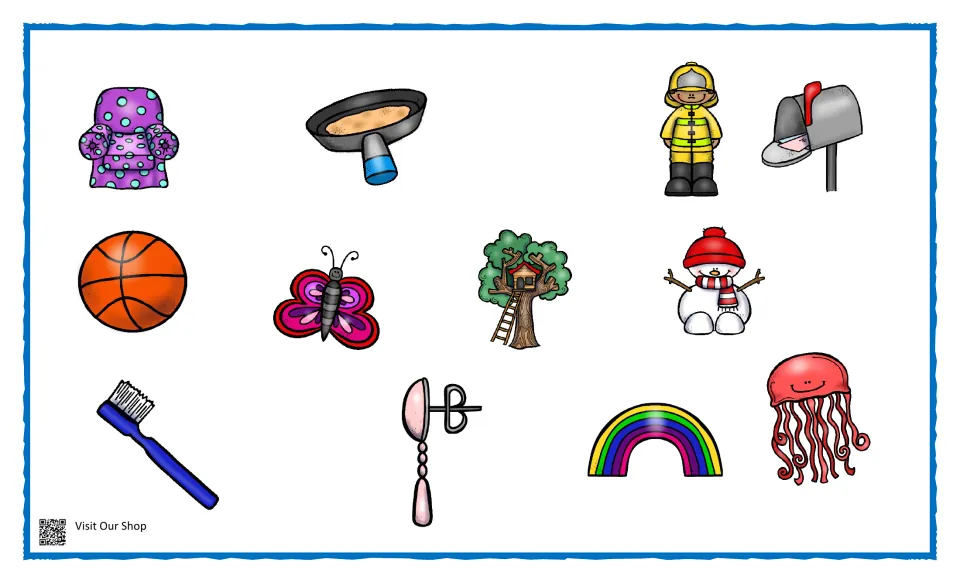 Twelve answer pictures for the compound word sums: armchair, pancake, fireman, mailbox, snowman, rainbow, jellyfish