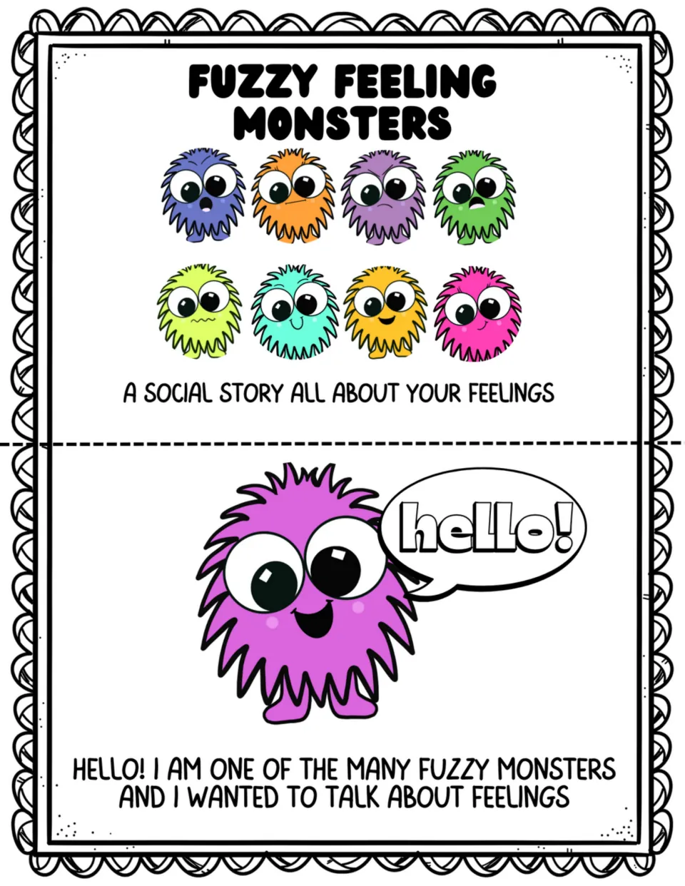 Social story opening: a small cover and a monster saying hello and introducing a story about feelings