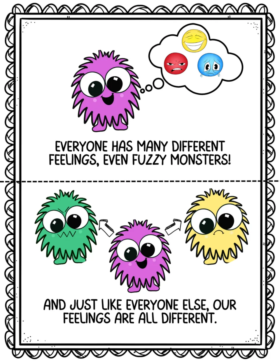 Two social story pages explain that everyone has many different feelings, including fuzzy monsters