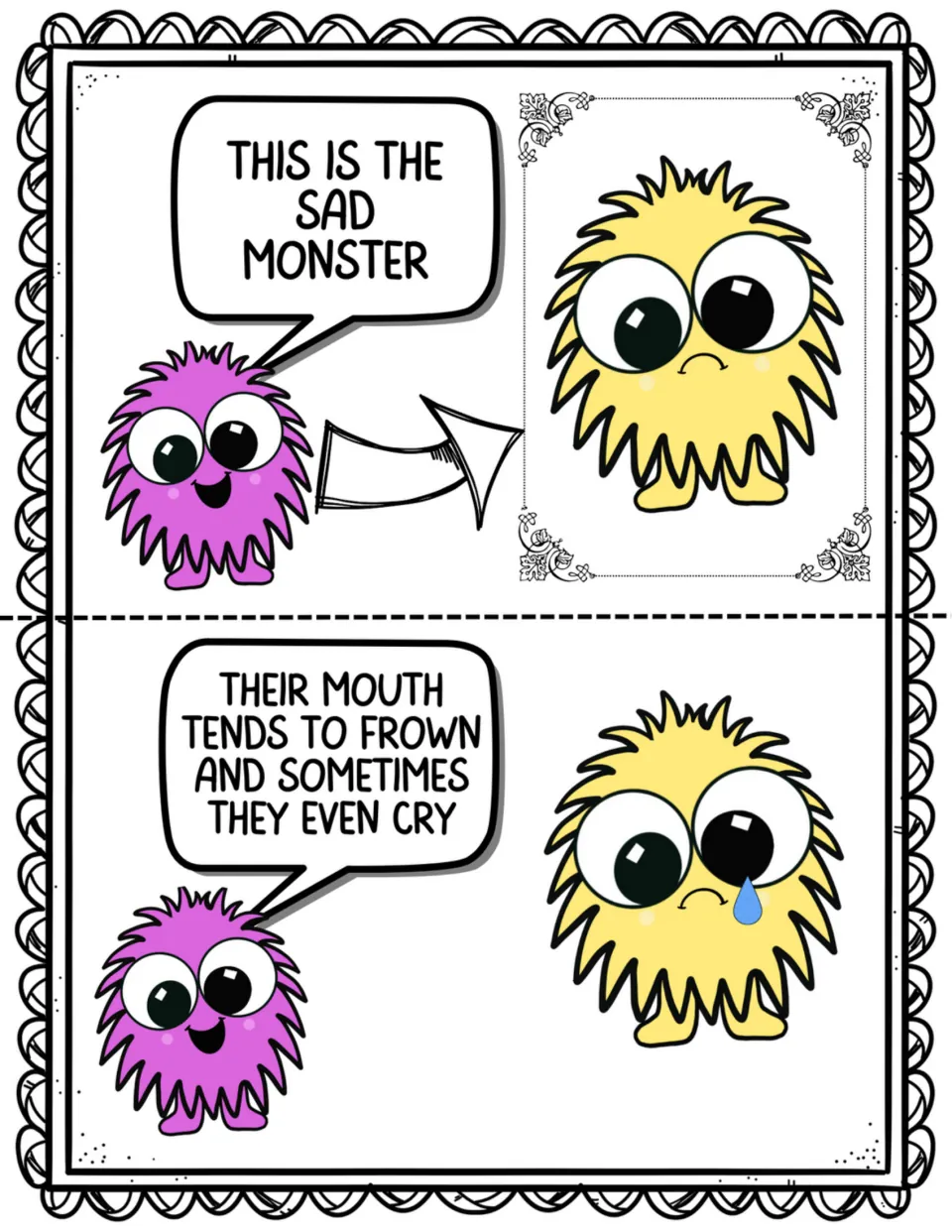 Two social story pages introduce the sad monster and explain that their mouth frowns and they sometimes cry