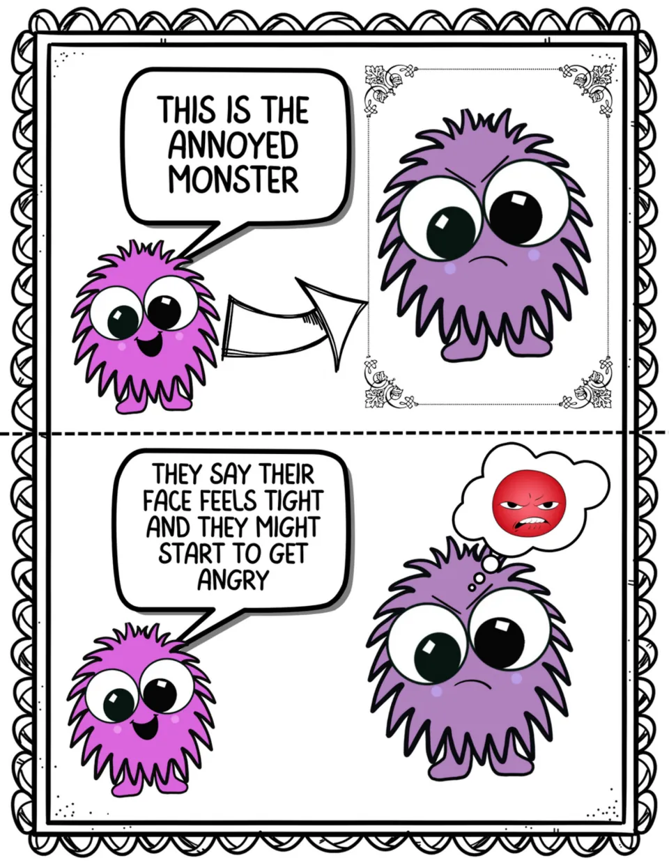 Two social story pages introduce the annoyed monster, whose face feels tight and who might get angry