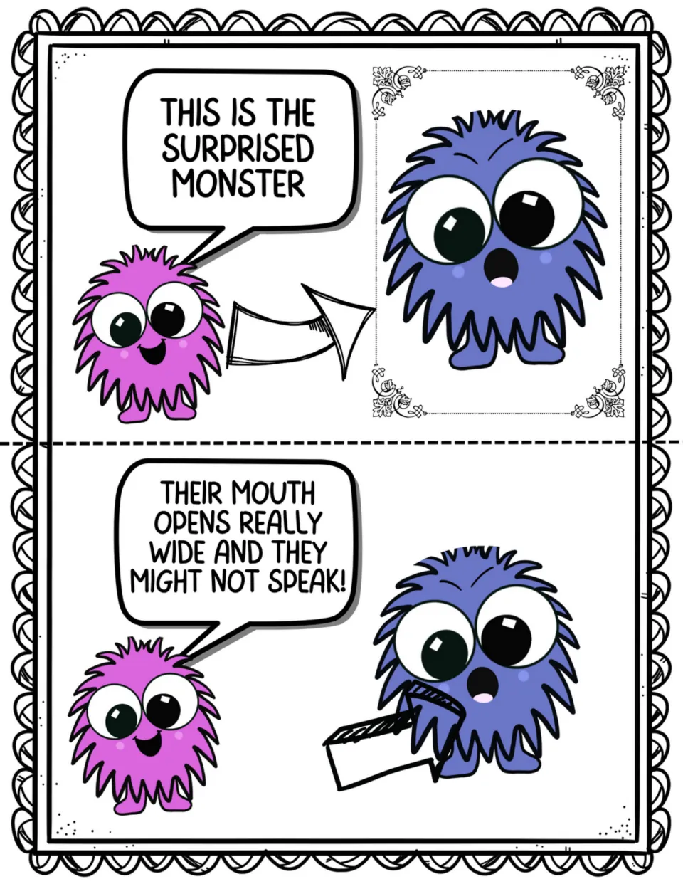 Two social story pages introduce the surprised monster, whose mouth opens wide and who might not speak
