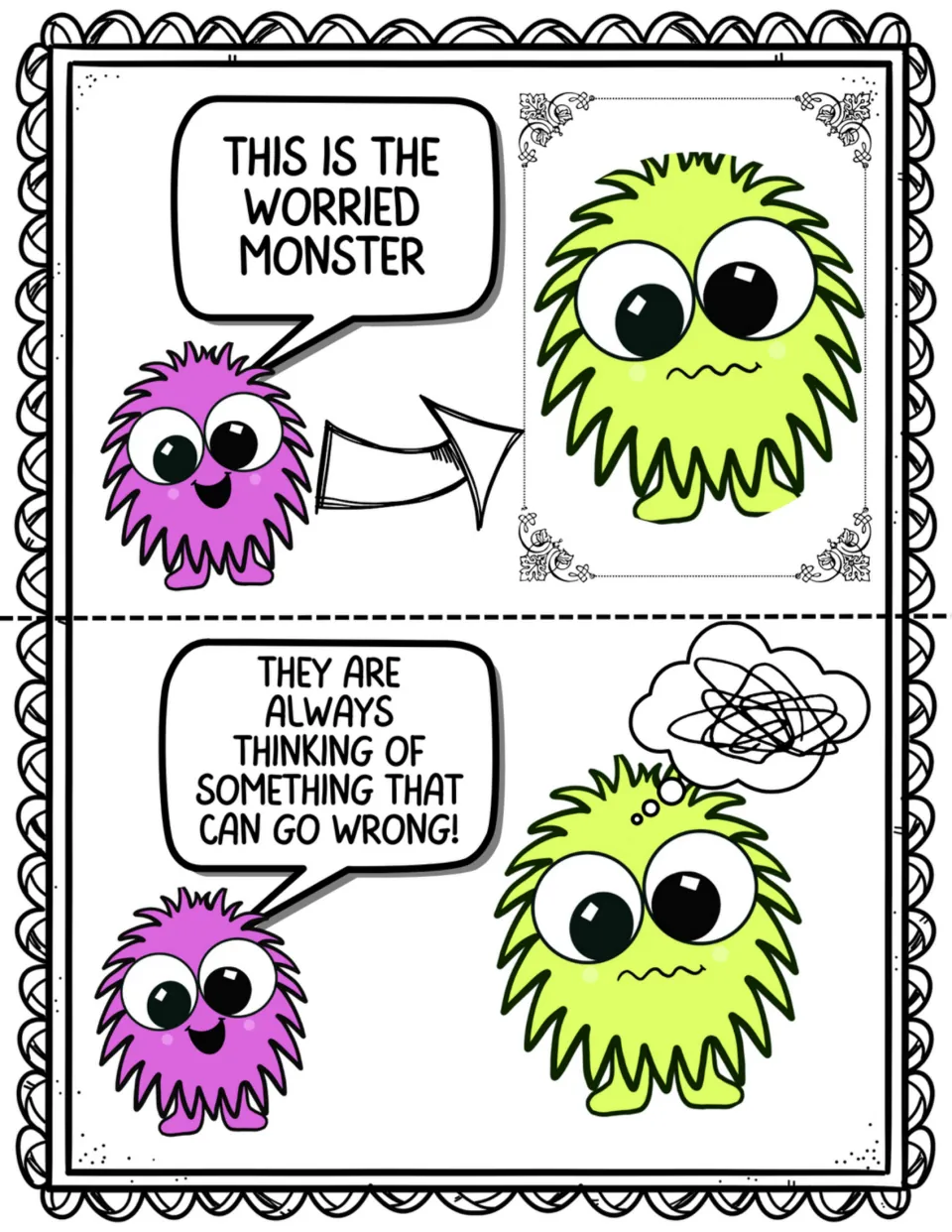 Two social story pages introduce the worried monster, who keeps thinking about something going wrong