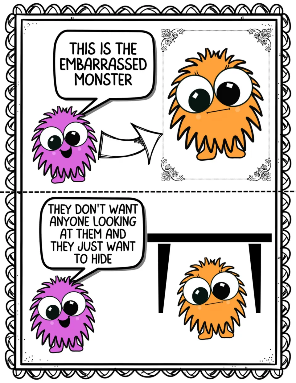 Two social story pages introduce the embarrassed monster, who wants to hide and avoid being looked at
