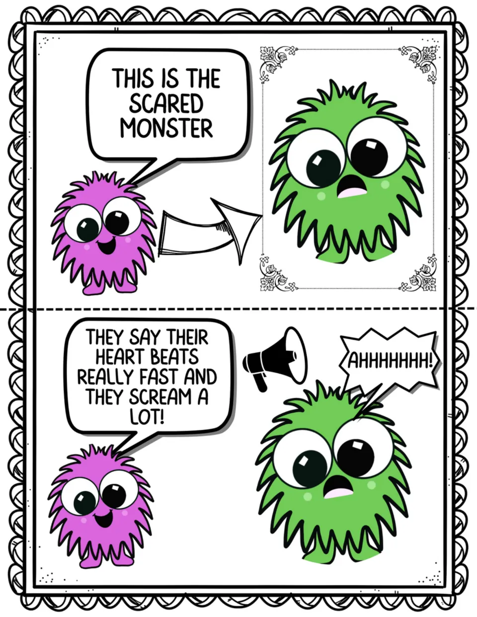 Two social story pages introduce the scared monster, who describes a fast heartbeat and screams a lot
