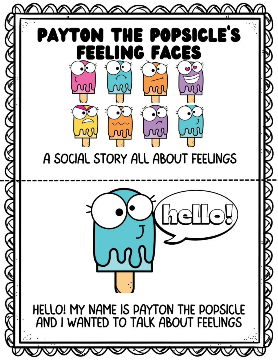 Two social story pages: a miniature cover and Payton the Popsicle saying hello and introducing feelings