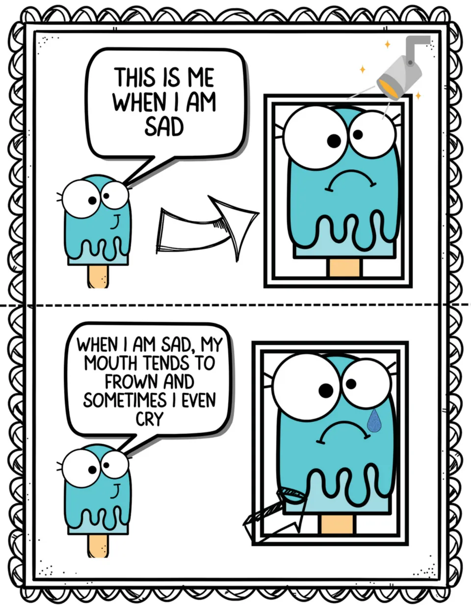 Two social story pages show Payton feeling sad and explain that sadness can bring a frown and crying