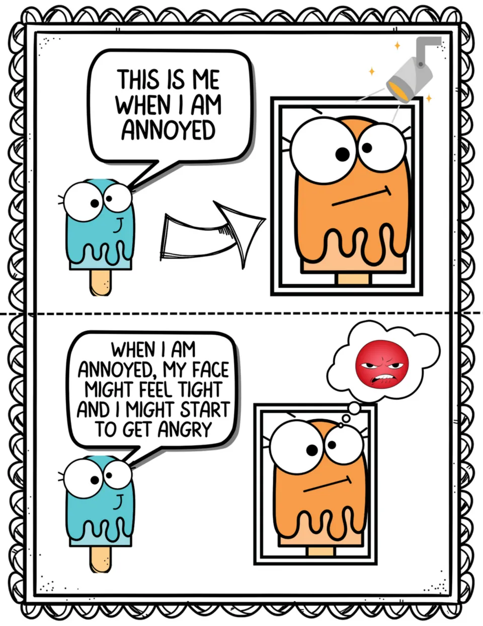 Two social story pages show Payton feeling annoyed and explain that a tight face may lead into anger