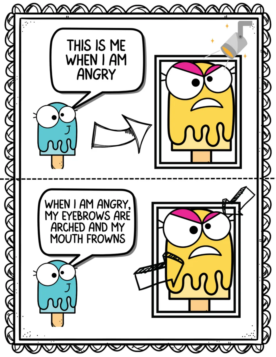 Two social story pages show Payton feeling angry and identify arched eyebrows and a frowning mouth