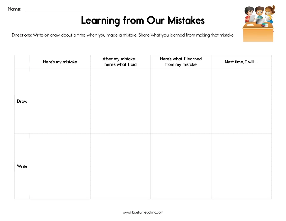 Reflecting on mistakes: students draw and write their mistake, what they did after, what they learned and a next-time plan