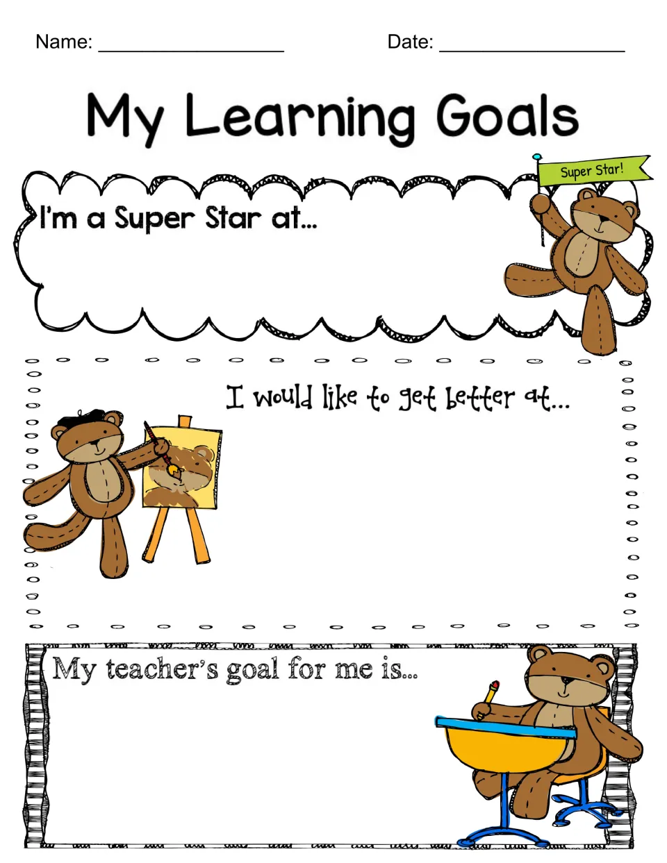 Goal-setting reflection: students write what they are a super star at, what to get better at, and their teacher's goal