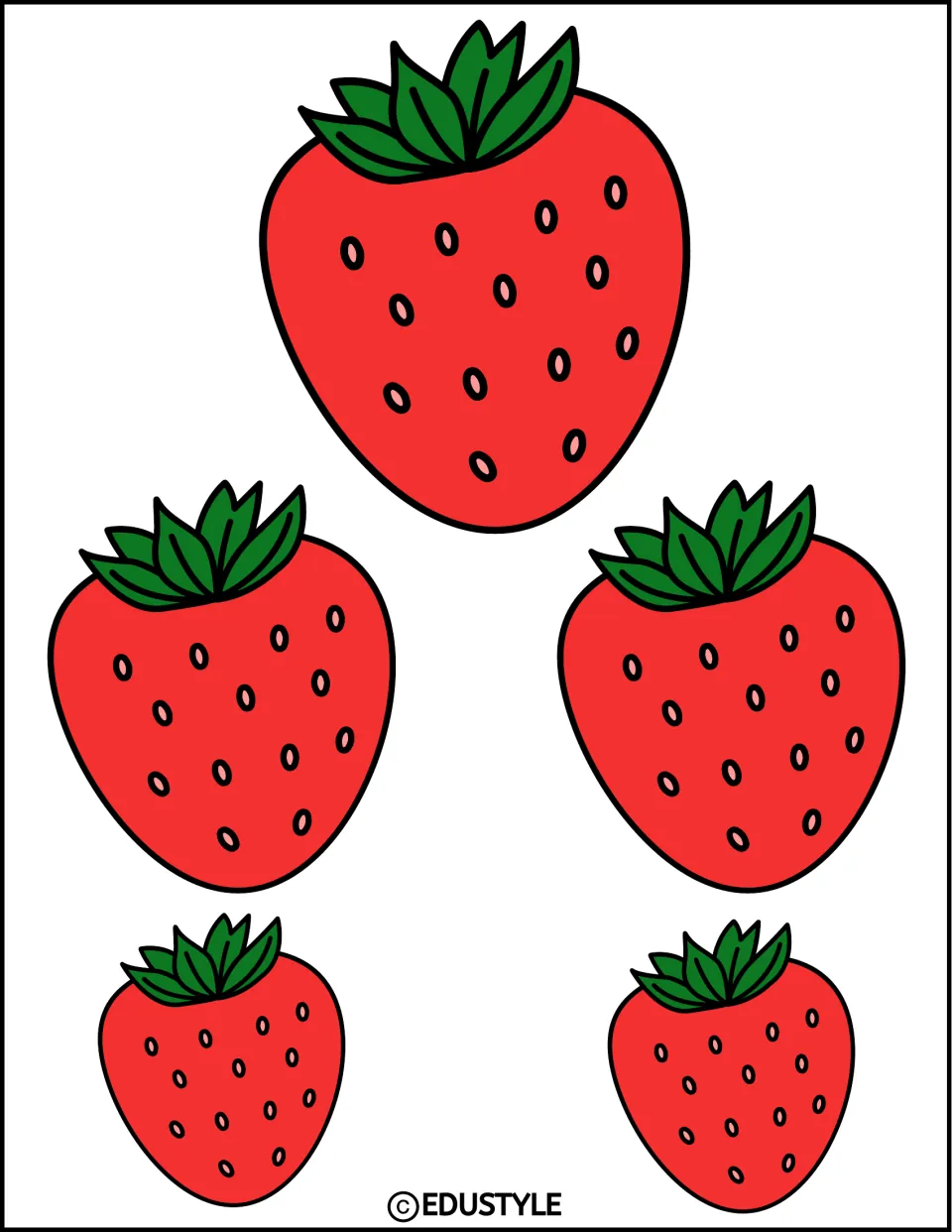 Berry cut-outs in three sizes: five red strawberries with leafy green tops, one large, two medium and two small