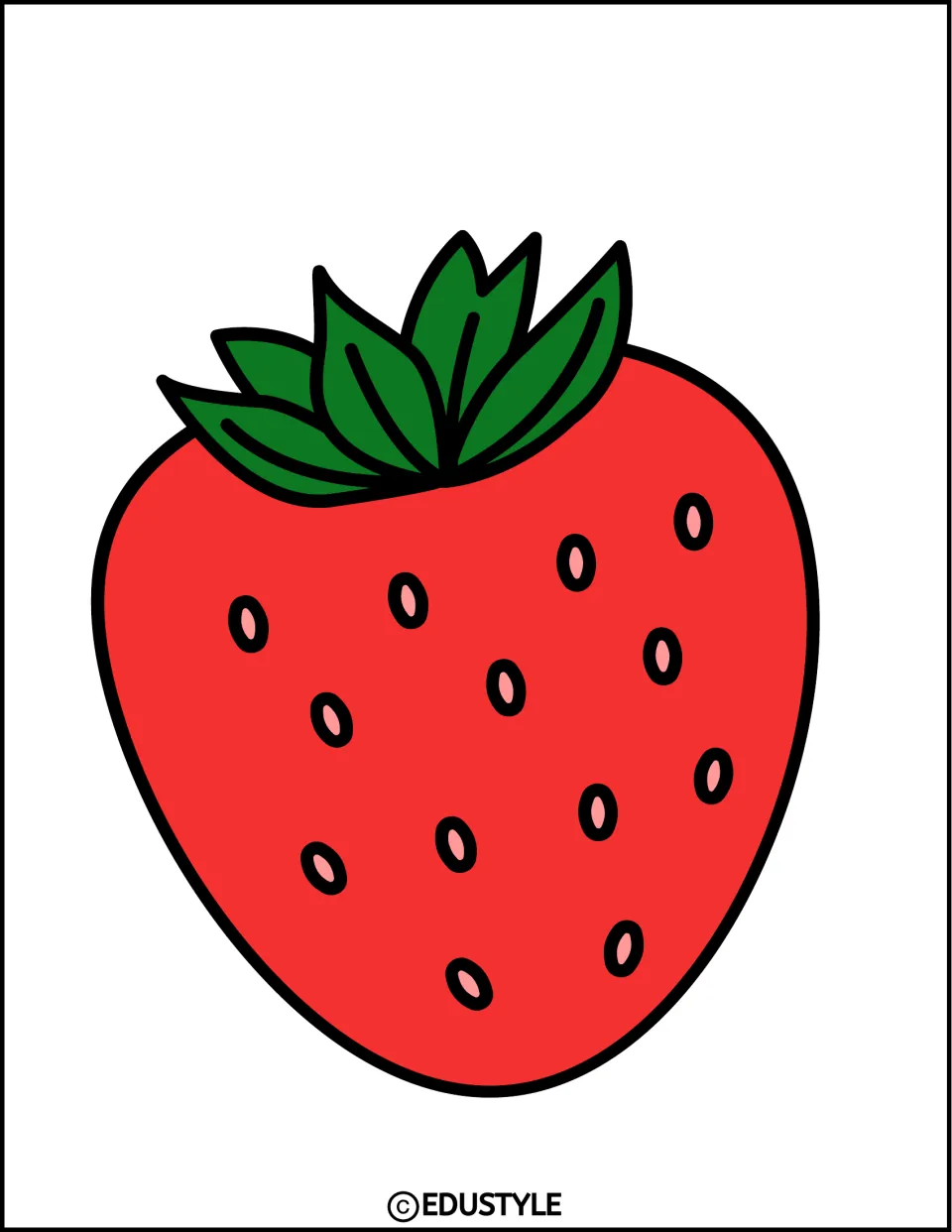 Large strawberry cut-out: a single red berry with pink seeds and a dark green leafy top, drawn at full-page size