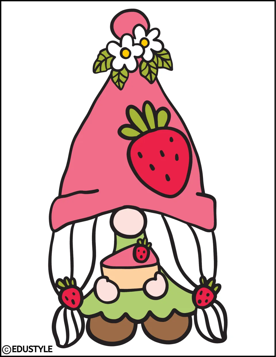 Gnome character clip art: a tall pink hat with daisies and a big red berry, a slice of cake in hand and long white braids