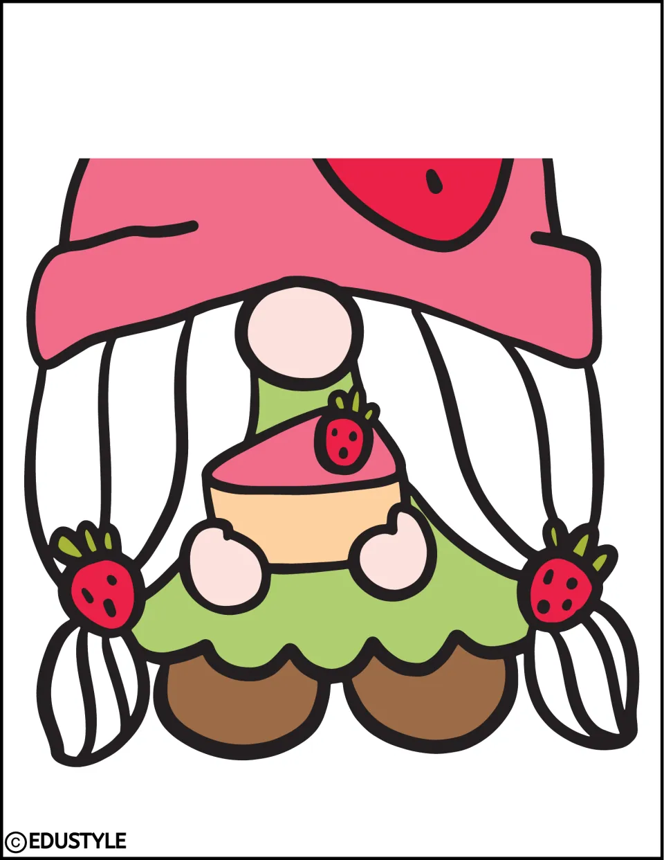 Gnome cut-out piece: lower half showing hat brim, nose, braids with strawberry ties and hands holding a cake