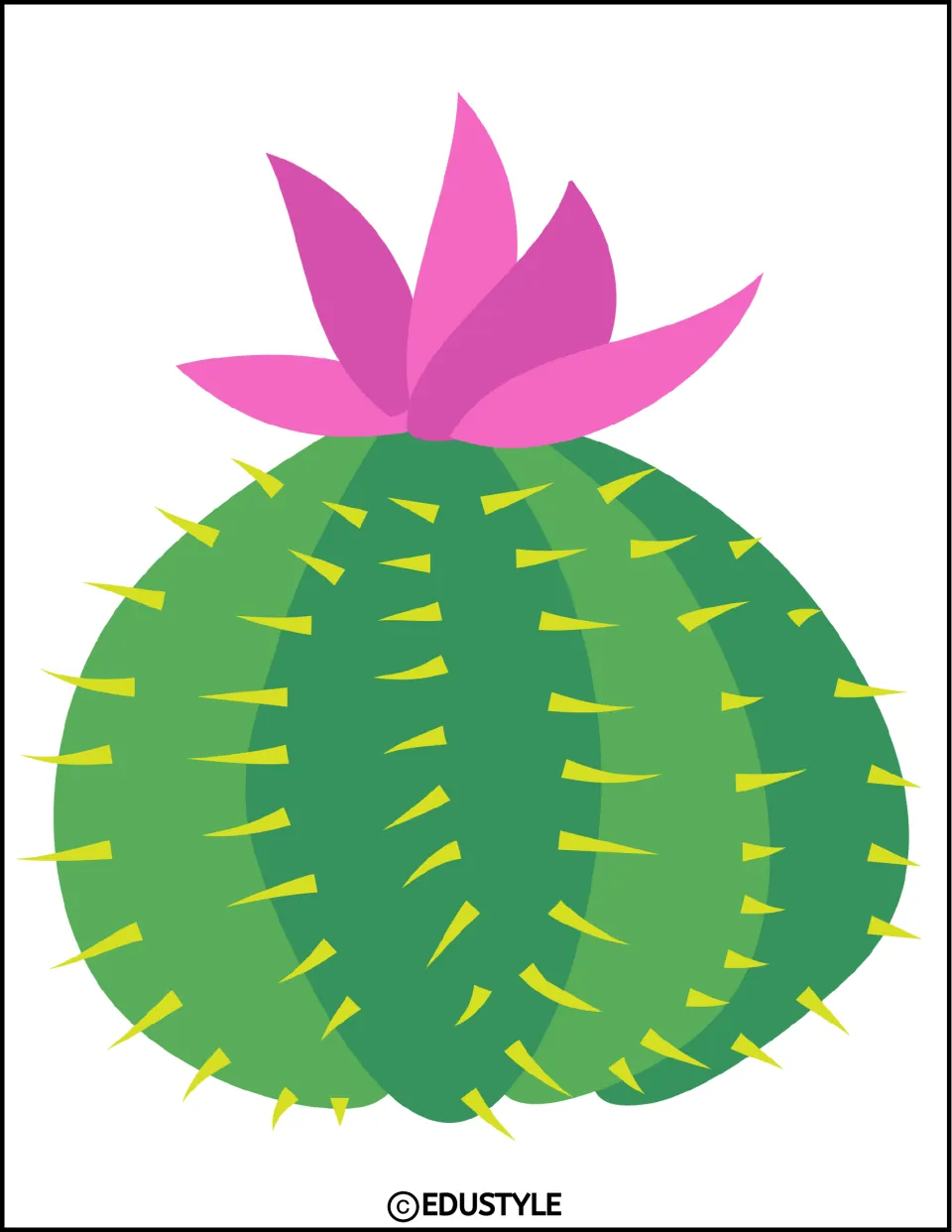 Desert decor: a large striped green barrel cactus with yellow-green spines topped by a pink flower to cut out