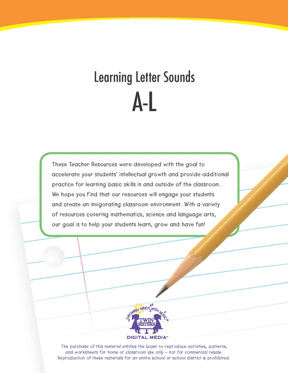 Learning Letter Sounds A-L cover from Twin Sisters Digital Media with a note to teachers and classroom reproduction terms
