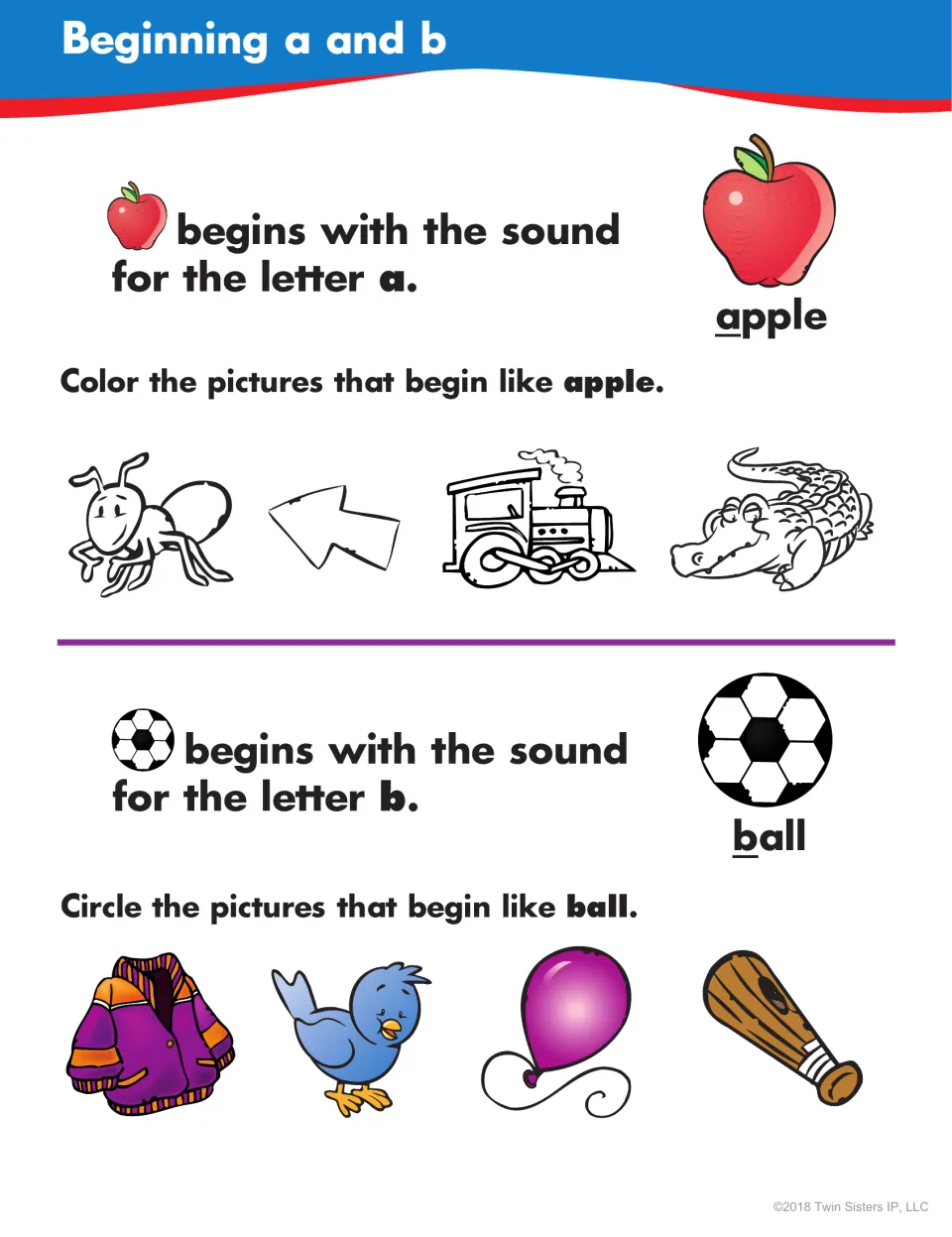 Beginning a and b: students color pictures that start like apple, such as ant, then circle ones that start like ball