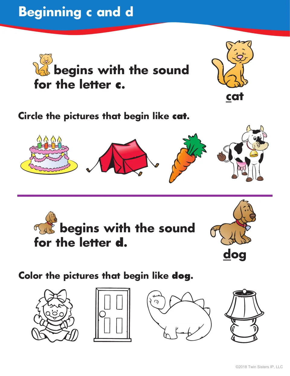 Beginning c and d: students circle pictures starting like cat, such as cake and cow, then color ones starting like dog