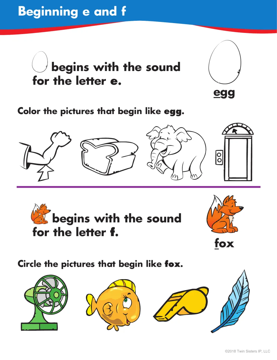 Beginning e and f: students color pictures that begin like egg, such as elephant, then circle f pictures like fish and fan