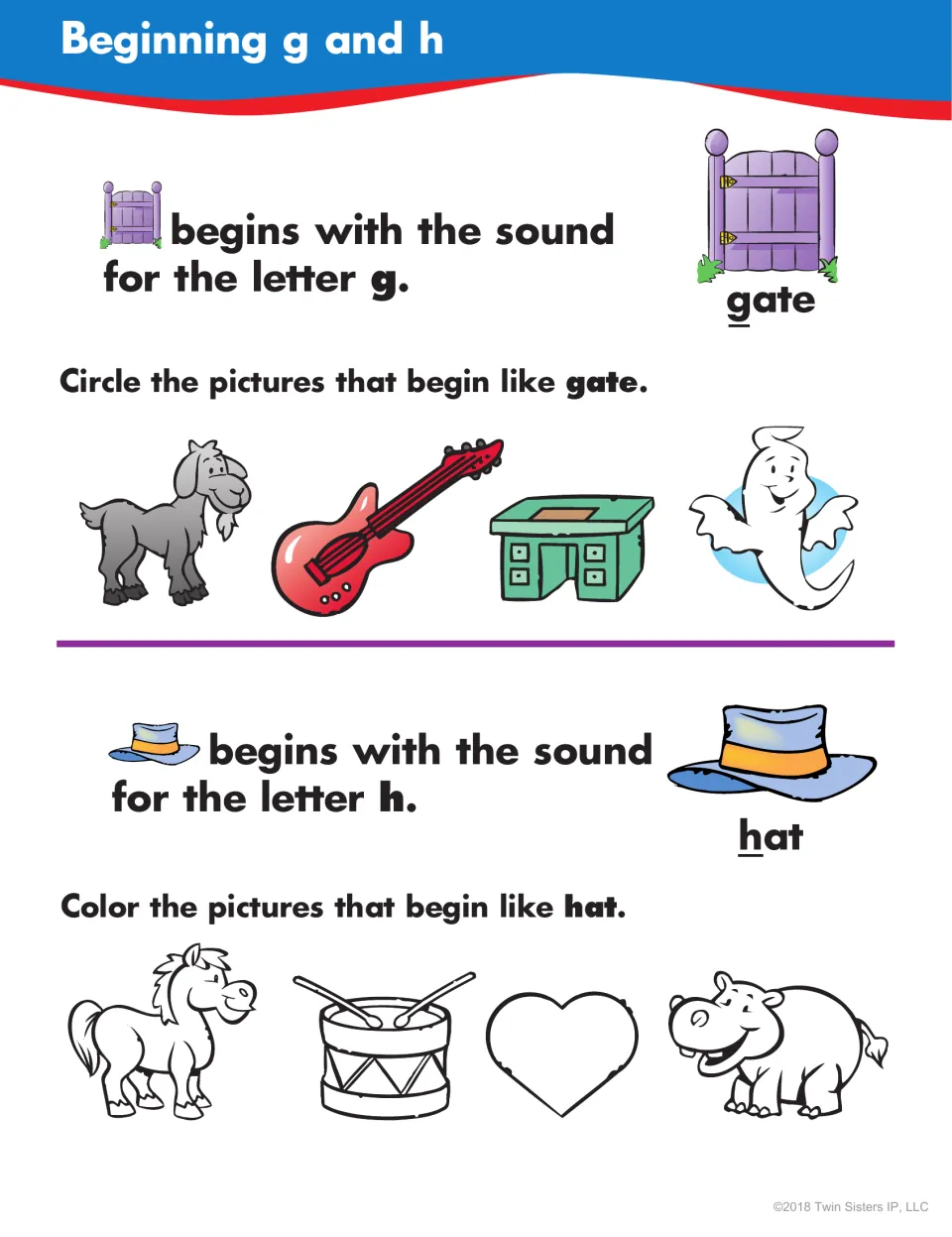 Beginning g and h: students circle pictures starting like gate, such as goat and guitar, then color ones like hat and horse