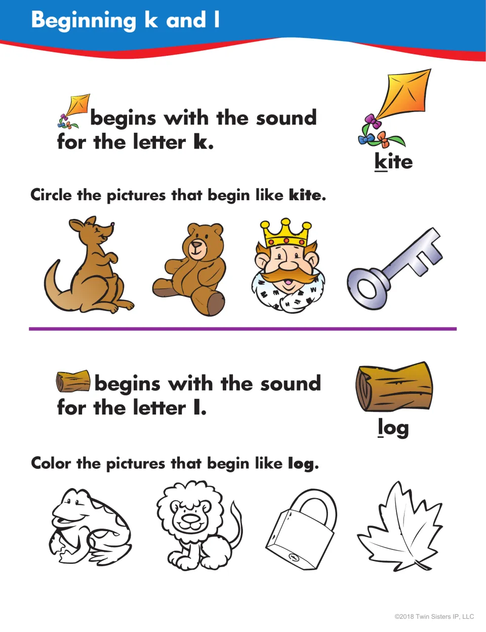 Beginning k and l: students circle pictures starting like kite, such as king and key, then color ones like lion and leaf
