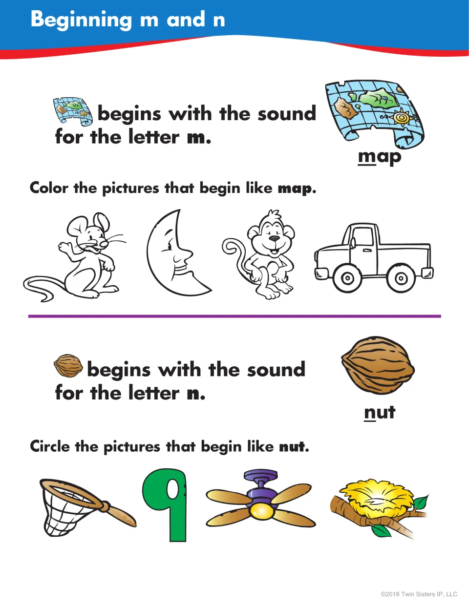 Beginning m and n: students color pictures that start like map and circle ones that start like nut, such as mouse and nest