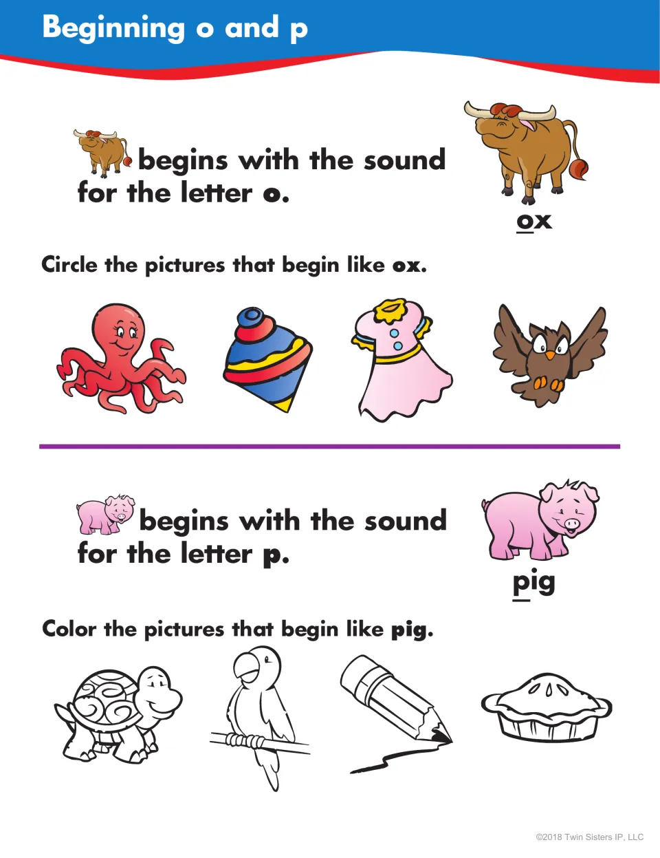 Beginning o and p: students circle pictures that start like ox, such as octopus, and color ones that start like pig