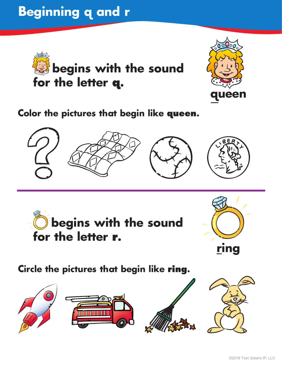Beginning q and r: students color pictures that start like queen, such as quilt, and circle ones that start like ring