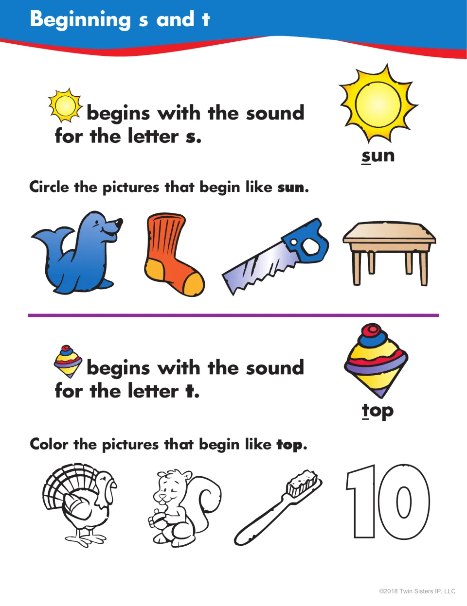 Beginning s and t: students circle pictures that start like sun, such as seal and sock, and color ones that start like top