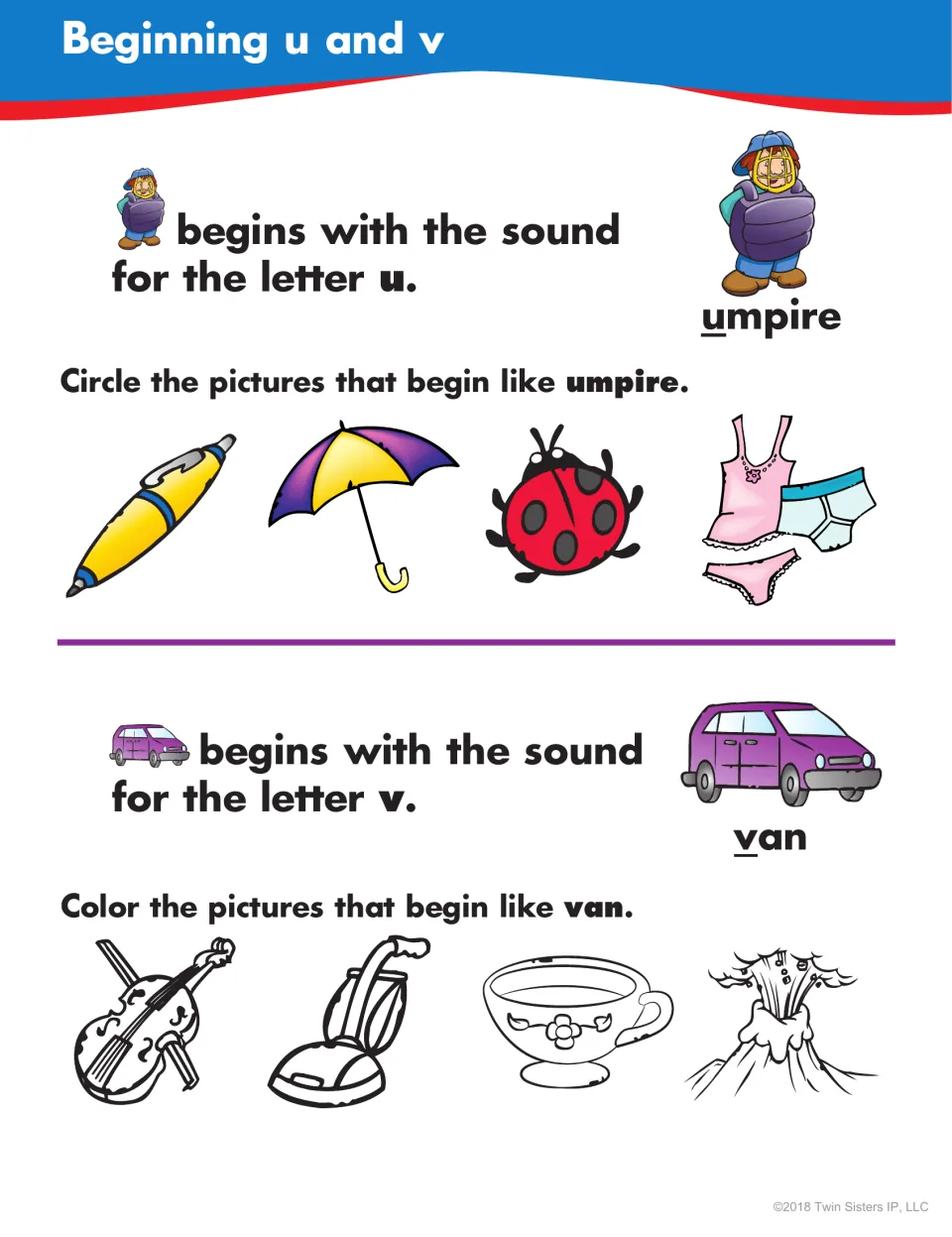 Beginning u and v: students circle pictures that start like umpire, such as umbrella, and color ones that start like van