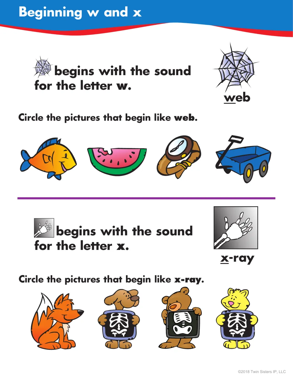 Beginning w and x: students circle pictures that start like web, such as watch and wagon, and ones that start like x-ray