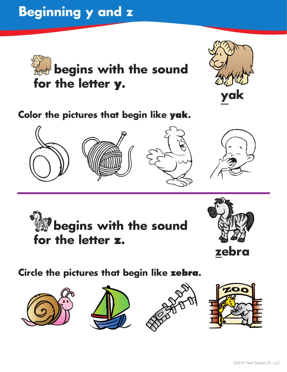 Beginning y and z: students color pictures that start like yak, such as yo-yo, and circle ones that start like zebra