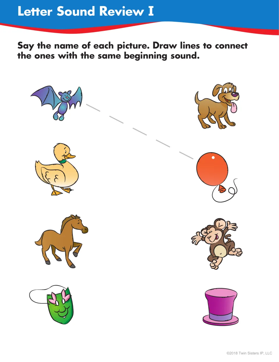 Letter Sound Review I: students name each picture and draw lines to match bat, duck, horse and mask by beginning sound