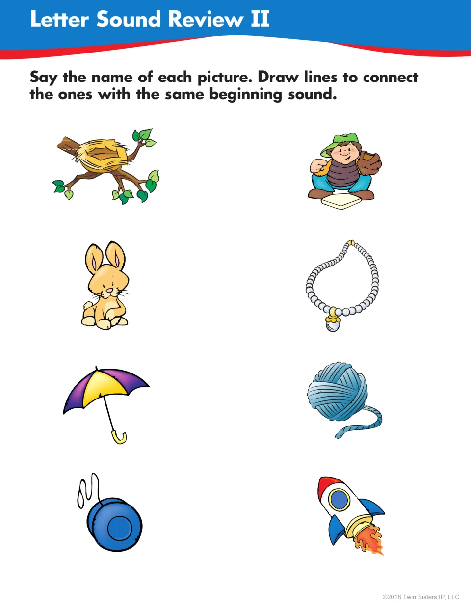 Letter Sound Review II: students draw lines matching nest, rabbit, umbrella and yo-yo to pictures sharing a first sound