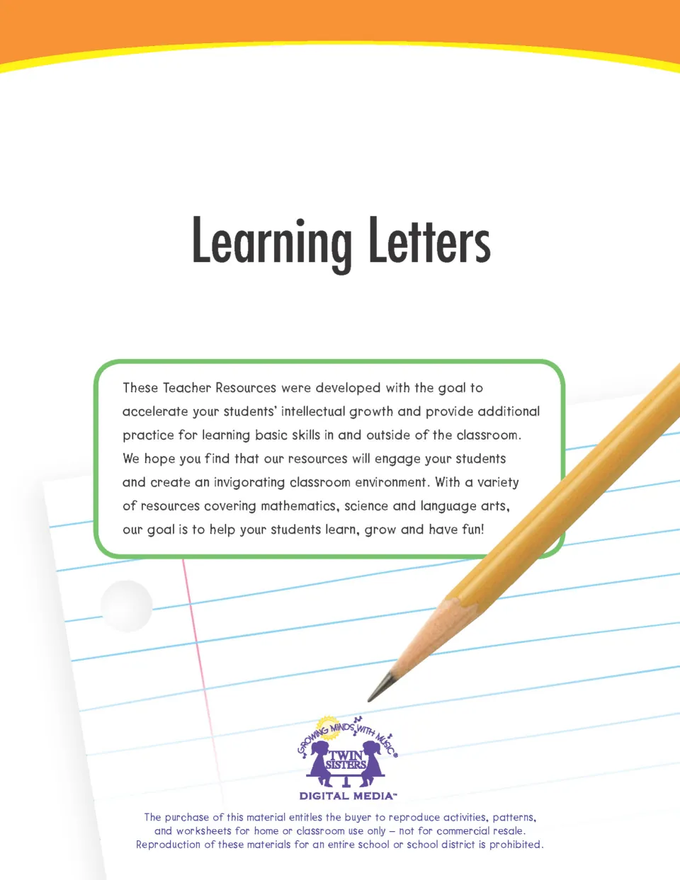 Learning Letters cover from Twin Sisters Digital Media with a note to teachers and home or classroom copying terms