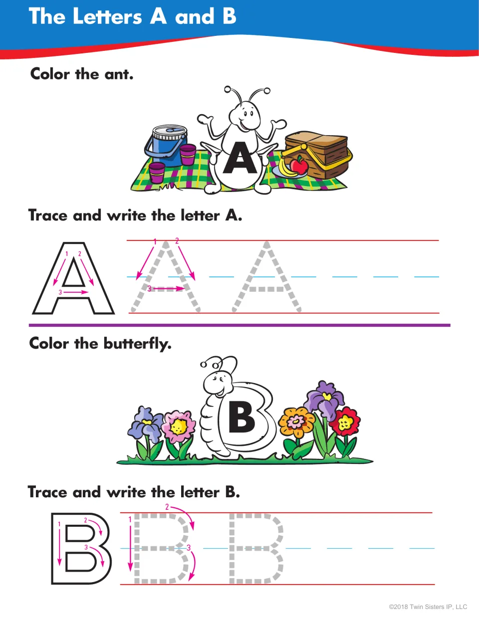 Letters A and B: students color an ant and a butterfly, then trace and write uppercase A and B using numbered stroke arrows